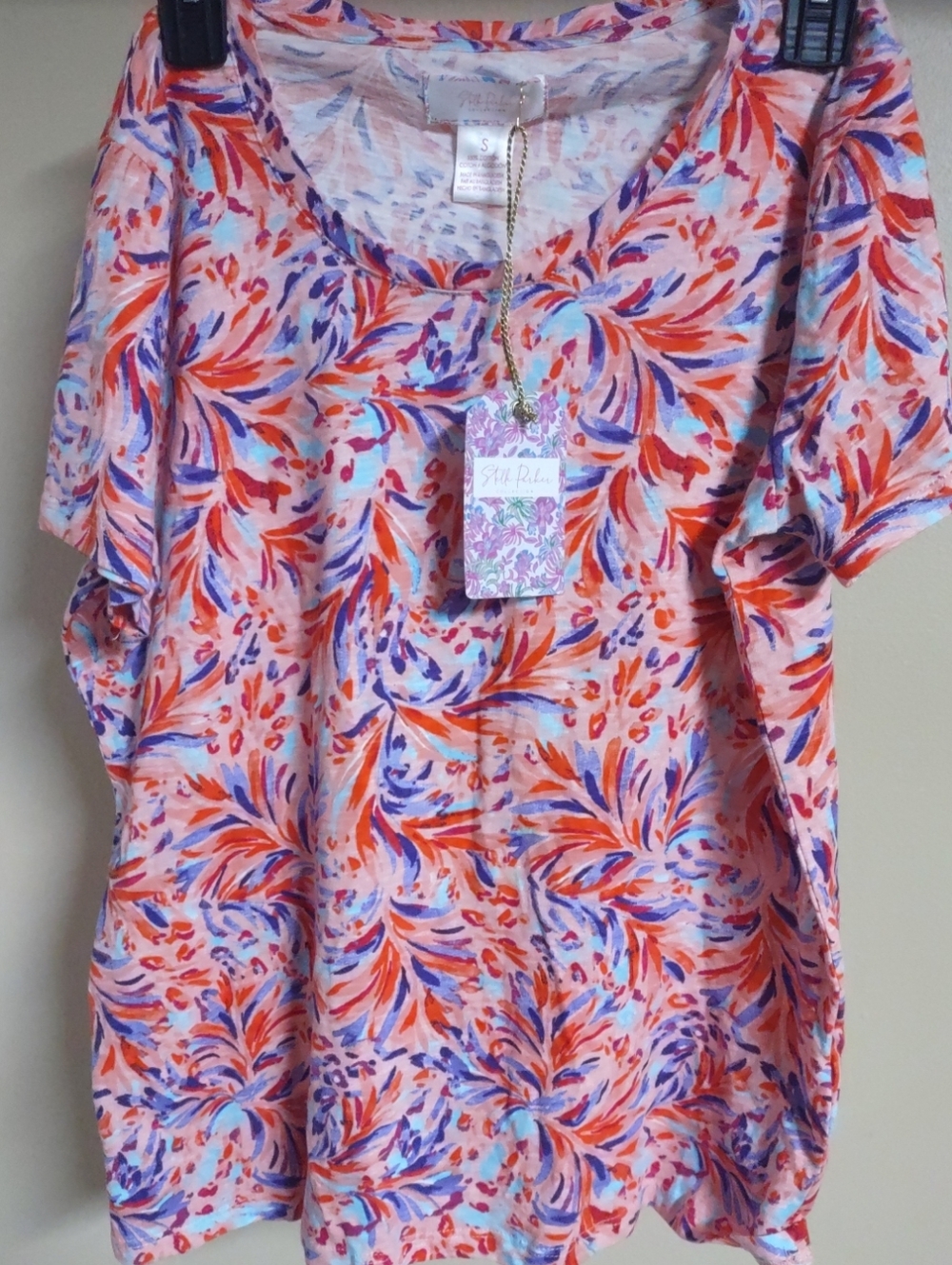 NWT Stella Parker Collection Women's Floral Coral Red SS T-Shirt Small #KC20423